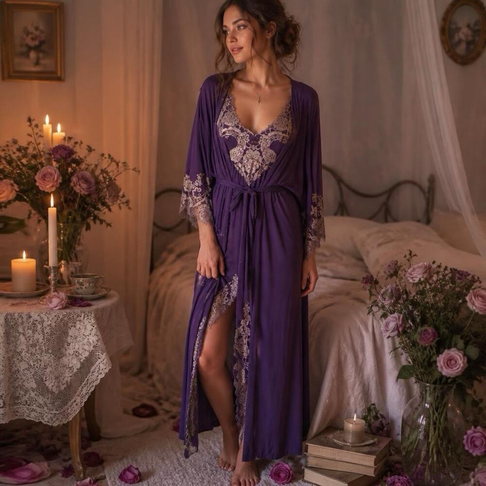 Soma Intimates Purple LaceTrim Long SexyRomantic Fairy Nightgown MaxiDress Set L